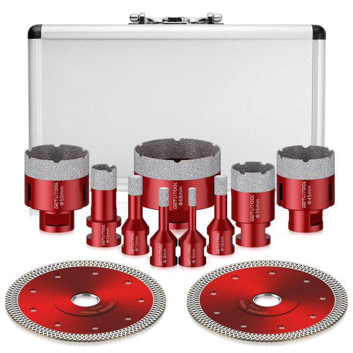 GETLITOOL 11tlg Diamant Fliesenbohrer Set 6-68mm, 125mm Trennscheibe, Diamant Lochsägeset für Porzel