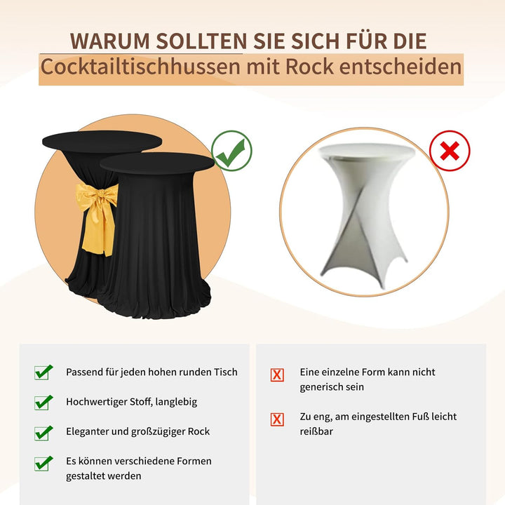 2er-Set schwarzer Stehtisch Hussen Stretch mit Rock, 80 x 110 cm,schmutzabweisend, knitterfrei, wasc