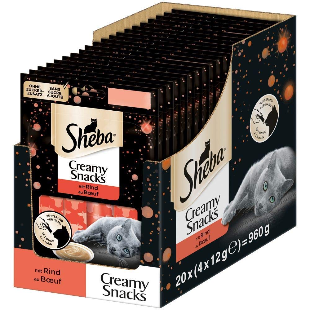 Sheba Creamy Snacks – Cremiges Katzen-Leckerli mit Rind – Praktische Sticks zum aus der Hand Schleck