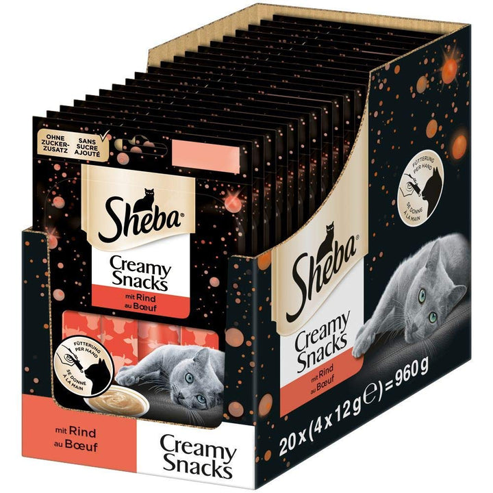Sheba Creamy Snacks – Cremiges Katzen-Leckerli mit Rind – Praktische Sticks zum aus der Hand Schleck