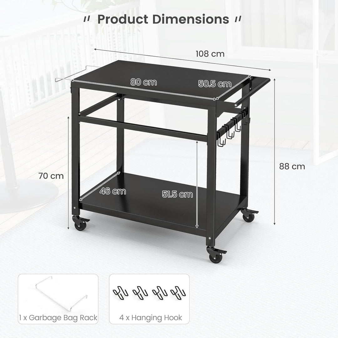 GOPLUS Grillwagen, Grilltisch Outdoor mit Griff, 2 Ablagen, Haken & Rollen, multifunktionaler Pizzat