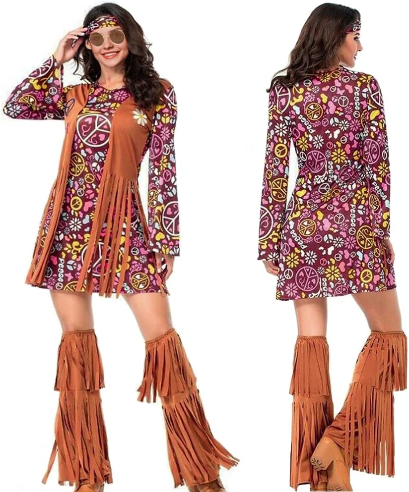YADODO Hippie Kostüm Damen Kleid Set 70er Jahre Bekleidung Damen 70er Jahre Kostüm Damen FaschingsKo