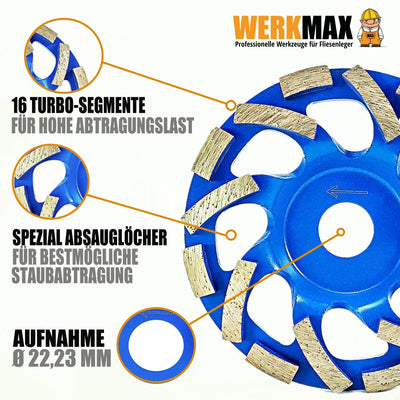 WERKMAX Absaughaube für Winkelschleifer + PREMIUM Diamantschleiftopf 125 mm blau