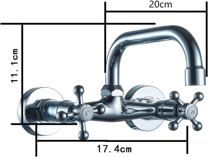 Wasserhahn Wandmontage Messing Zweigriff Nostalgie 180° Drehregler Waschtisch Armatur Kalt und Heiss