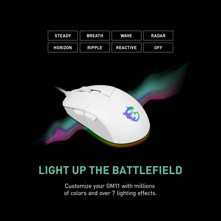 MSI CLUTCH GM11 WHITE Gaming Maus - Optischer Sensor 5.000 DPI, symmetrisch, 10Mio+ Click OMRON-Swit