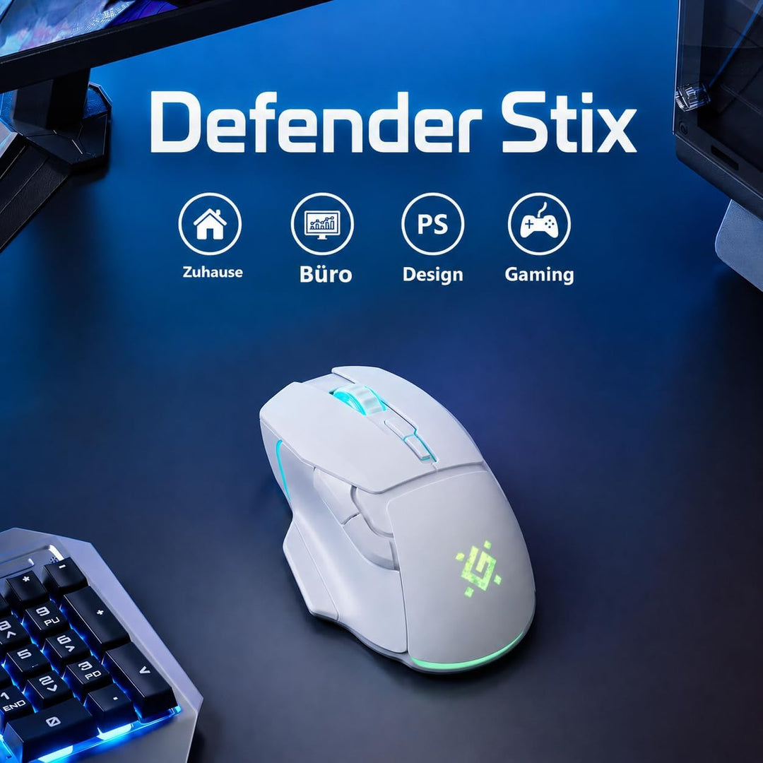 Defender® STIX Kabellose Gaming Maus - Geräuschlose Klicks - 5 programmierbare Tasten - RGB-Beleucht