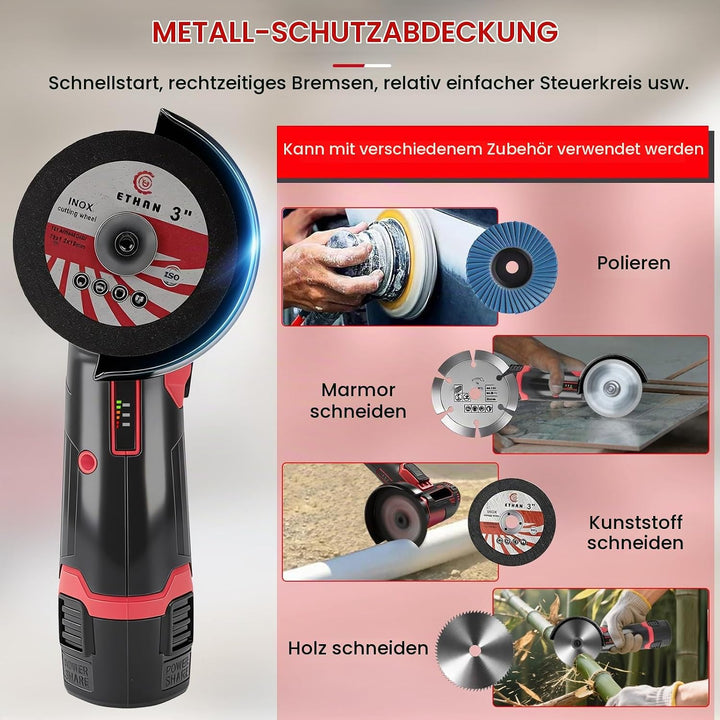 3-Zoll Akku Winkelschleifer Set, 500W 19500 U/Min 76mm Mini-Elektrowinkelschleifer, Wiederaufladbare