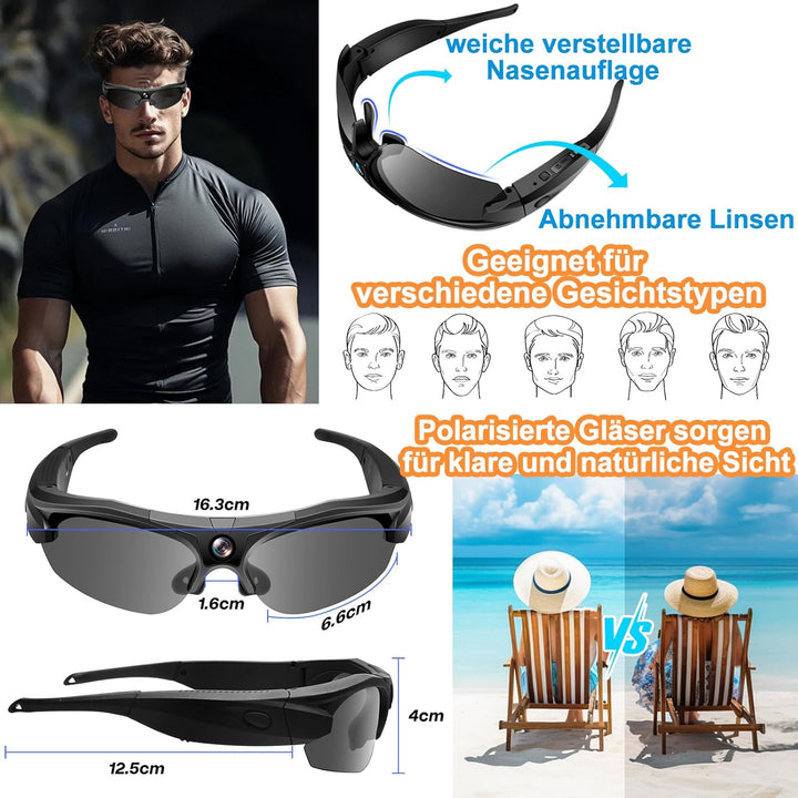 Action-Cam, WiFi 4K & 120° Weitwinkel Brille mit Kamera, Polarisierte Objektive & 100-Min Batterie &