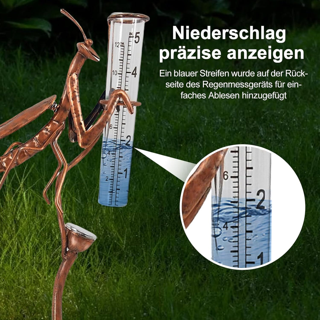 Solar Regenmesser für Garten mit Erdspiess und LED, Niederschlagsmesser Frostsicher Glas für Rasen,