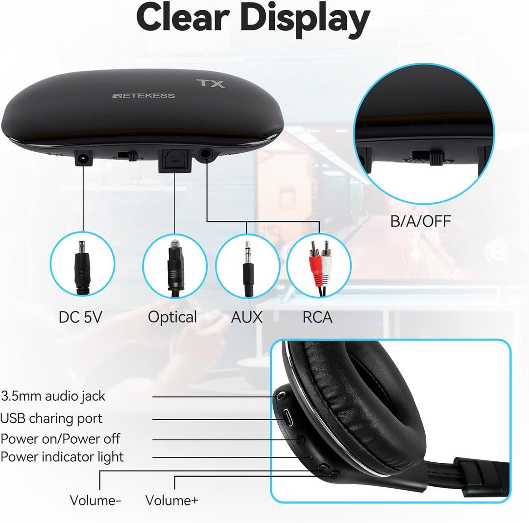 Retekess TA005P Funkkopfhörer für TV, Over-Ear kabellose kopfhörer mit RF, Verbesserte Version der Z
