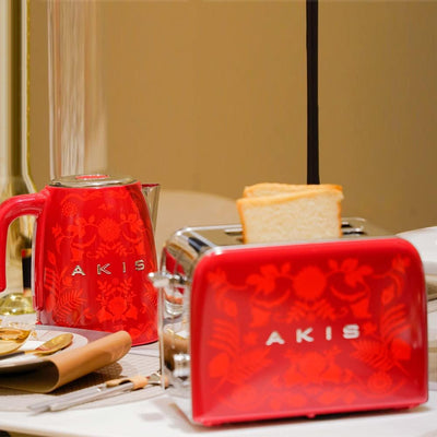 AKIS La Fête Design Toaster und Wasserkocher Set aus Edelstahl in Rot Farbe mit Barock Muster, Toast