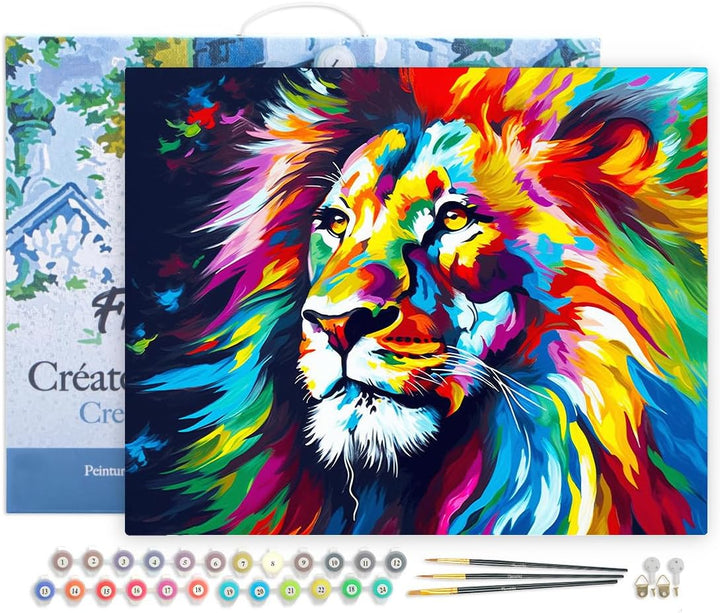 Figured'Art Malen Nach Zahlen Erwachsene Mit Rahmen Löwe Farbenfroh Abstrakt - Paint by Numbers Bast
