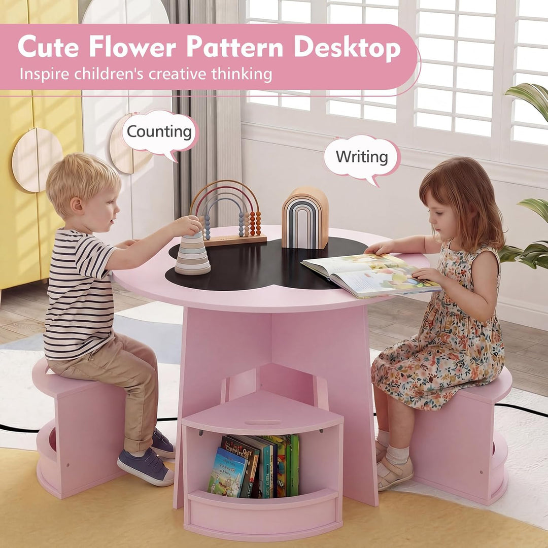 FANTASK 5-TLG. Kindertisch Stuhl Set Rund, Holztisch mit 4 Stauraumhockern, Maltisch für Kinderzimme