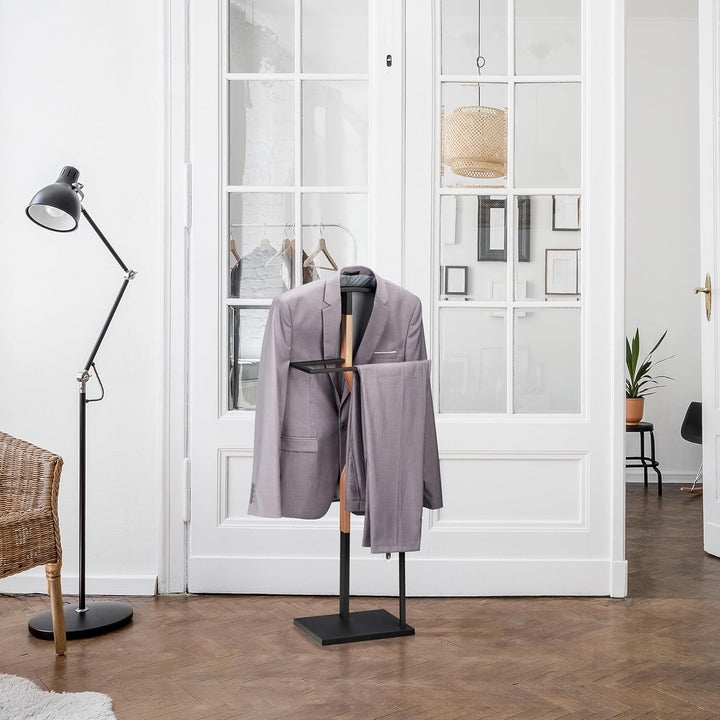 Relaxdays Herrendiener, Jackett & Hose, HBT 107x48x20 cm, Metall & Holzoptik, Stiller Diener Schlafz