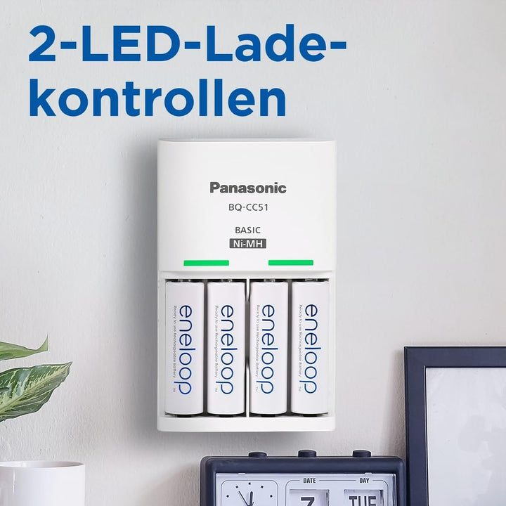 Panasonic eneloop Basic Ladegerät für 2 oder 4 AA/AAA NI-MH, mit 2 LED-Anzeigen und 6 Sicherheitsfun