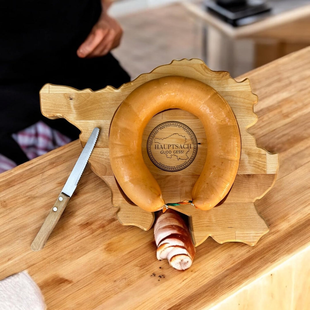 Saarlandbrett als Frühstücksbrettchen aus Holz, Legendärer Lyoner Style, für Saarländer, Lusitge Ges