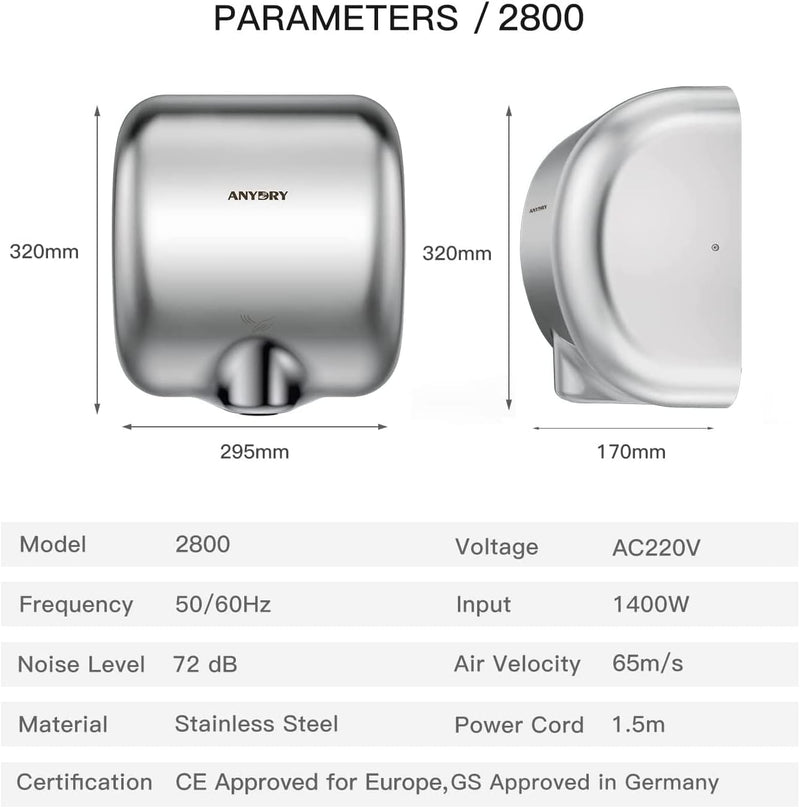 anydry 2800 Klassisch Elektrischer Händetrockner Automatisch 8-12 Sekunden Schnell Trocken Wandmonta