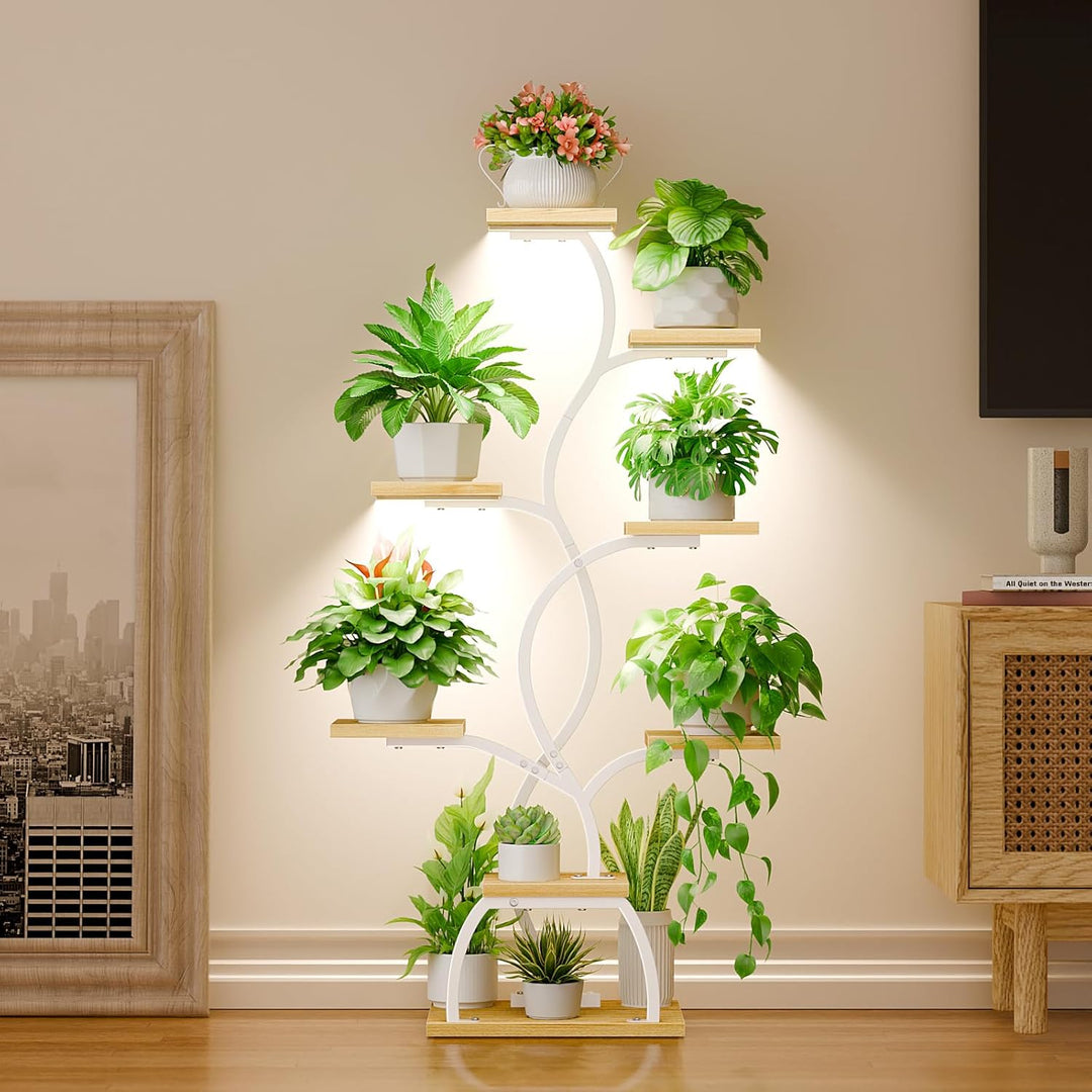 Pflanzenständer mit Wachstumslicht - 8 Ebenen Blumenständer 124cm Metall Holz Pflanzenregal - Innen