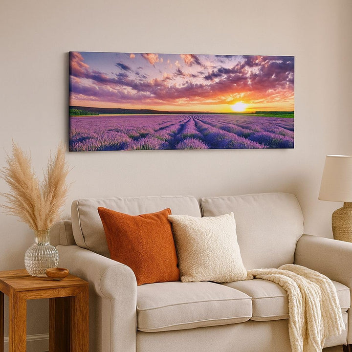 Wandbilder Dekoration Wohnzimmer Lavendel Berge Feld Panorama Bilder auf Leinwand 120x50cm Leinwandb