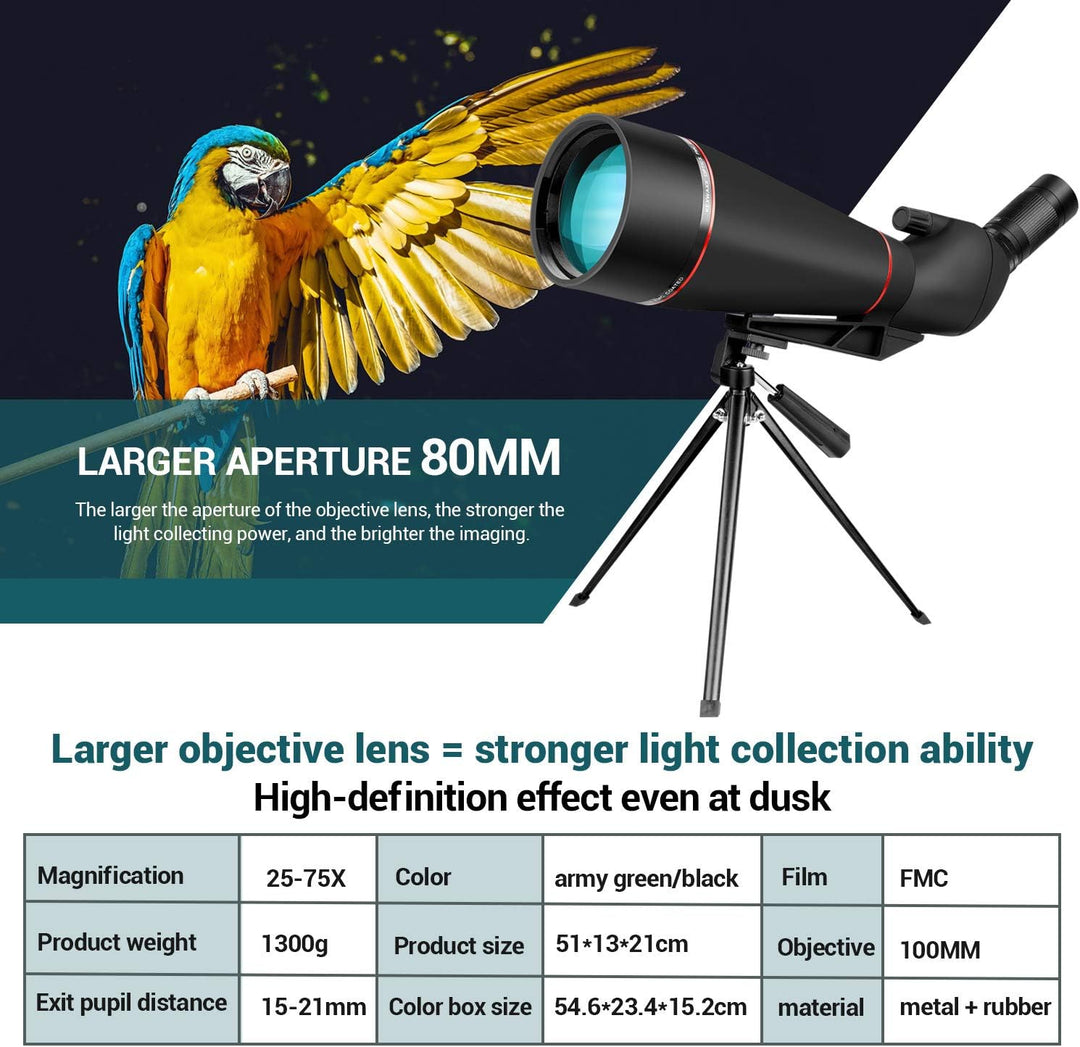 Spektive 25-75X 100MM für Sportschützen Jagd Vogelbeobachtung IPX7 Wasserdicht FMC BAK4 Prisma mit S