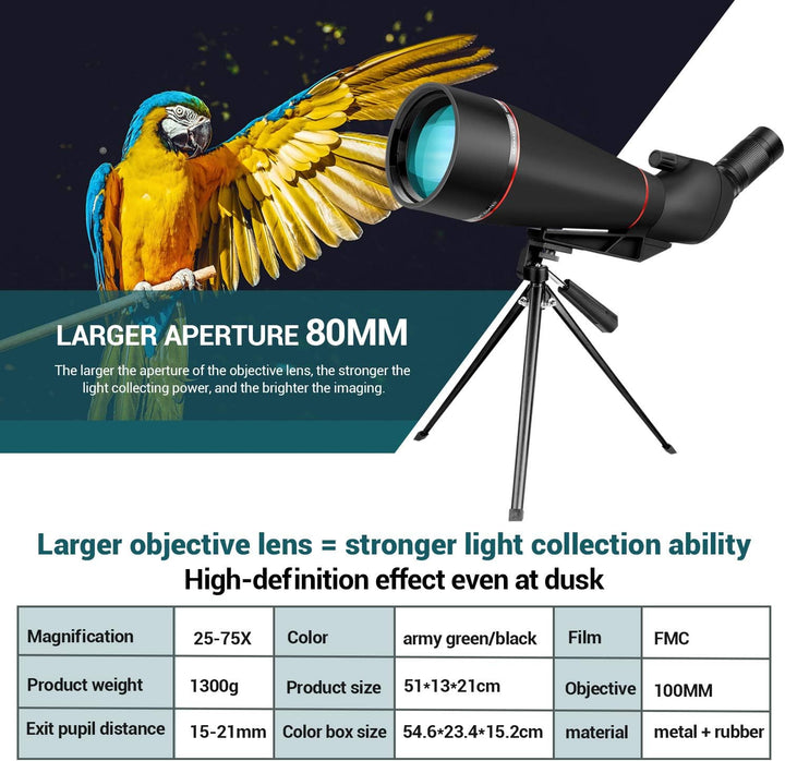 Spektive 25-75X 100MM für Sportschützen Jagd Vogelbeobachtung IPX7 Wasserdicht FMC BAK4 Prisma mit S