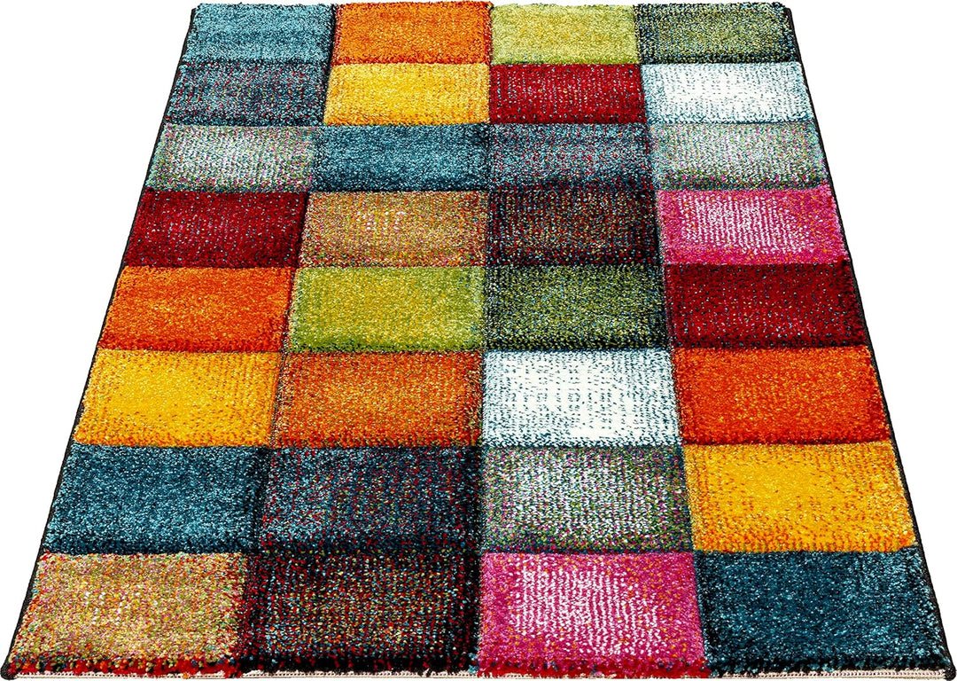 Mia´s Teppiche Stone Wohnzimmer Teppich Hand Carved, Kurzflor, Farbenfroh, Bunt, Blau, Rot, Braun, G