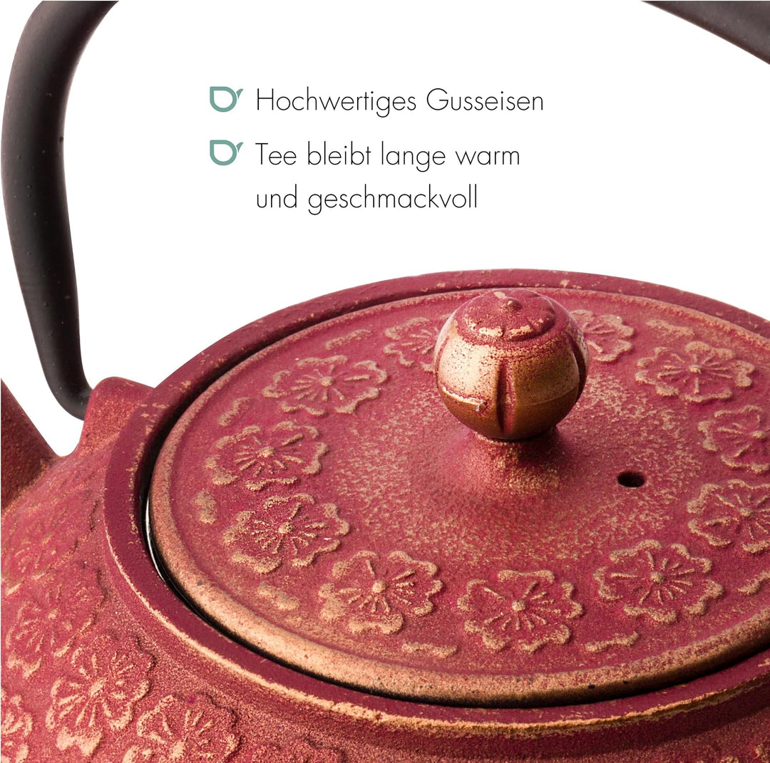 Bredemeijer rotes asiatisches gusseisernes Teekannen Set 0.6 Liter mit 2 Tassen