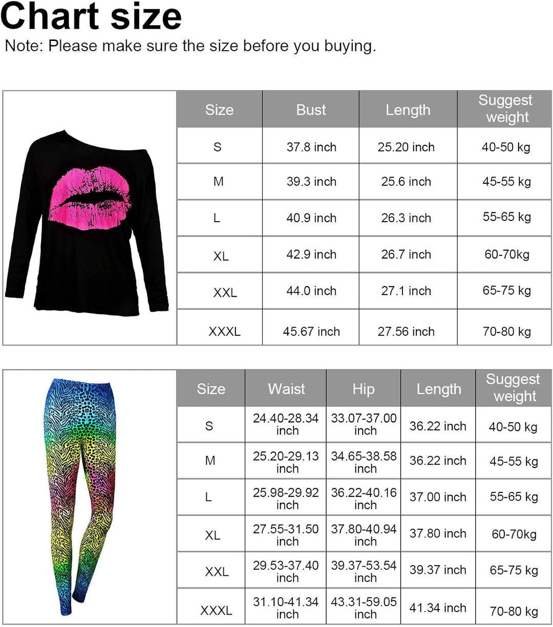 80er Jahre Damen Kostüm Set, T Shirt, Legging Hose Ohrring Halskette Handschuhe Armband(Lange Ärmel