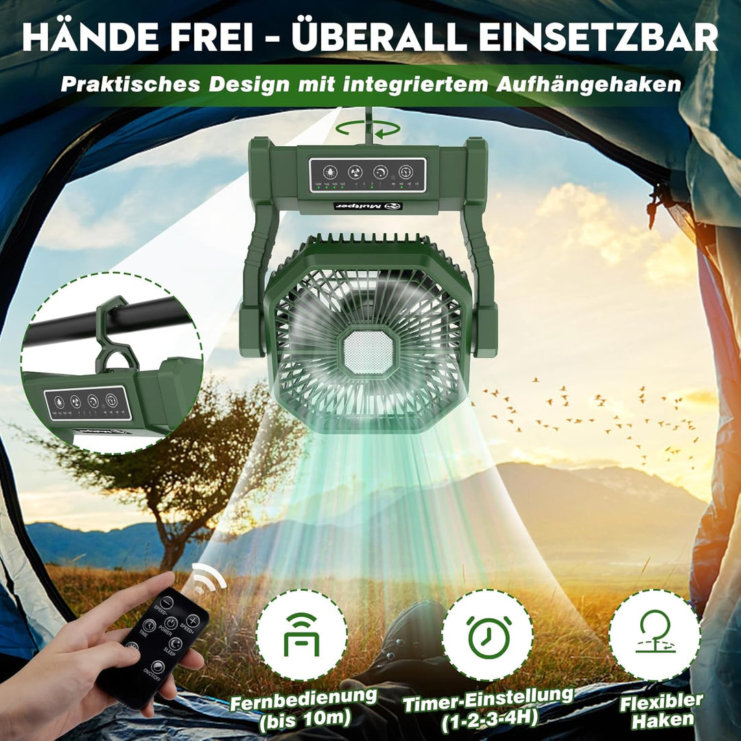 Multper Campingventilator mit LED-Licht, 10000 mAh Wiederaufladbarer Outdoor Zeltventilator mit Hake