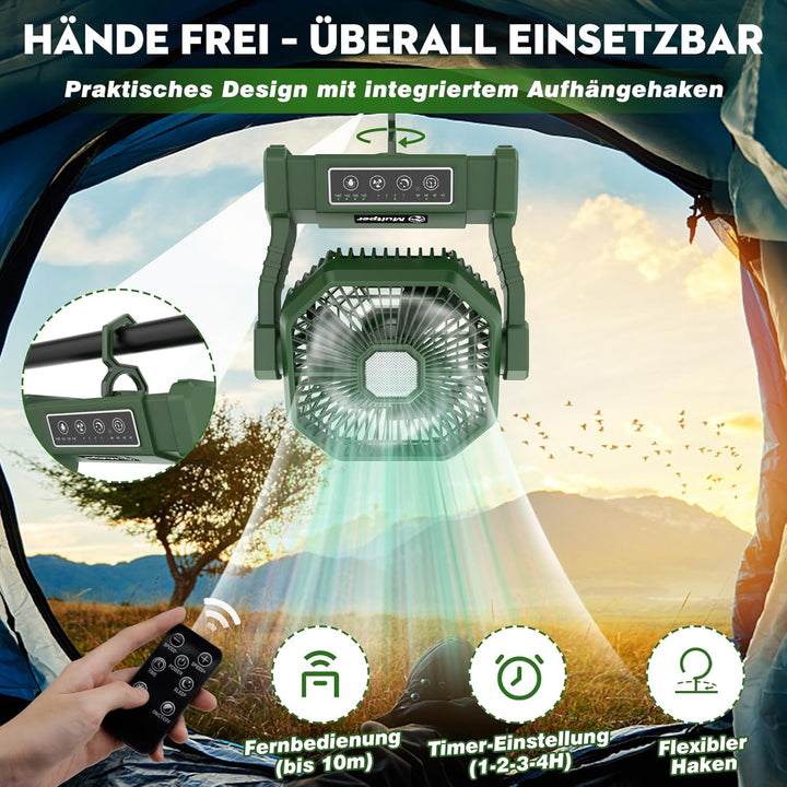 Multper Campingventilator mit LED-Licht, 10000 mAh Wiederaufladbarer Outdoor Zeltventilator mit Hake