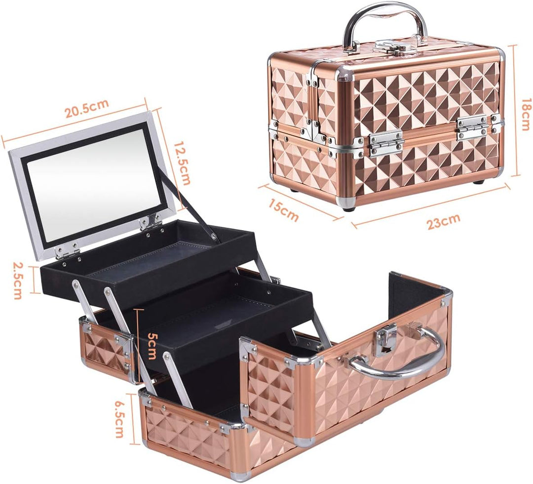 HOMASIS Kosmetikkoffer mit Spiegel, Mini Schminkkoffer mit 3 Ebenen, tragbarer Beauty Case mit Griff