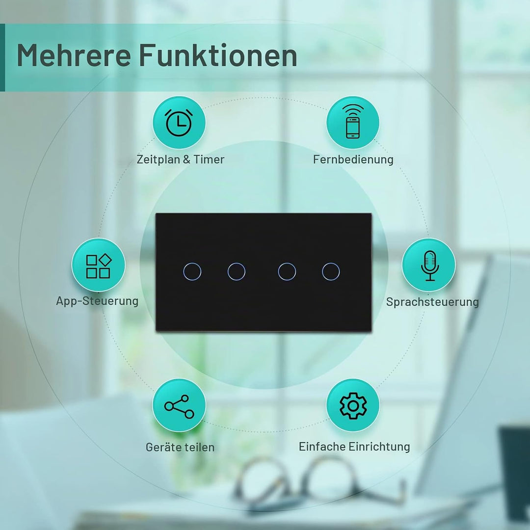 BSEED Smart Alexa Lichtschalter Double WiFi Touch Wandlichtschalter 2 Fach 1-Weg (Neutralstrom Erfor