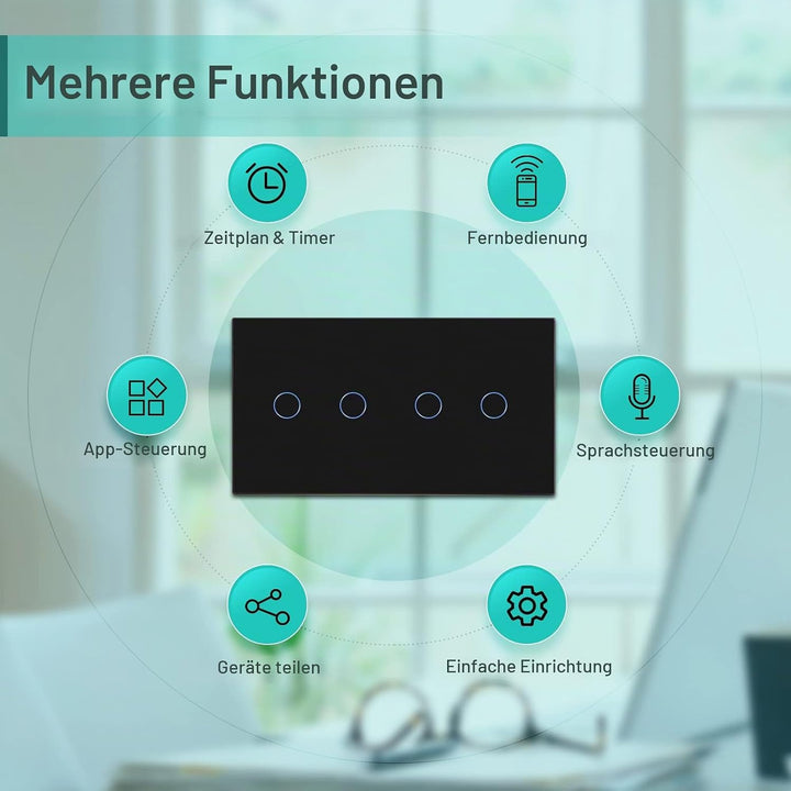BSEED Smart Alexa Lichtschalter Double WiFi Touch Wandlichtschalter 2 Fach 1-Weg (Neutralstrom Erfor