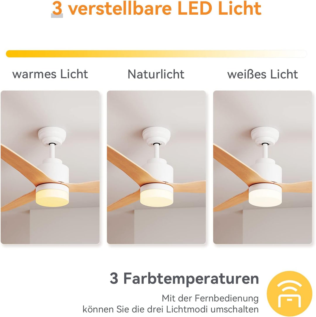 SONNI Deckenventilator mit Beleuchtung und Fernbedienung Leise in 3 Farbtemperatur 119cm Weiss und H