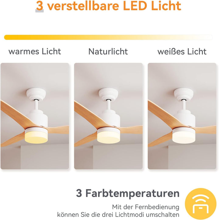 SONNI Deckenventilator mit Beleuchtung und Fernbedienung Leise in 3 Farbtemperatur 119cm Weiss und H