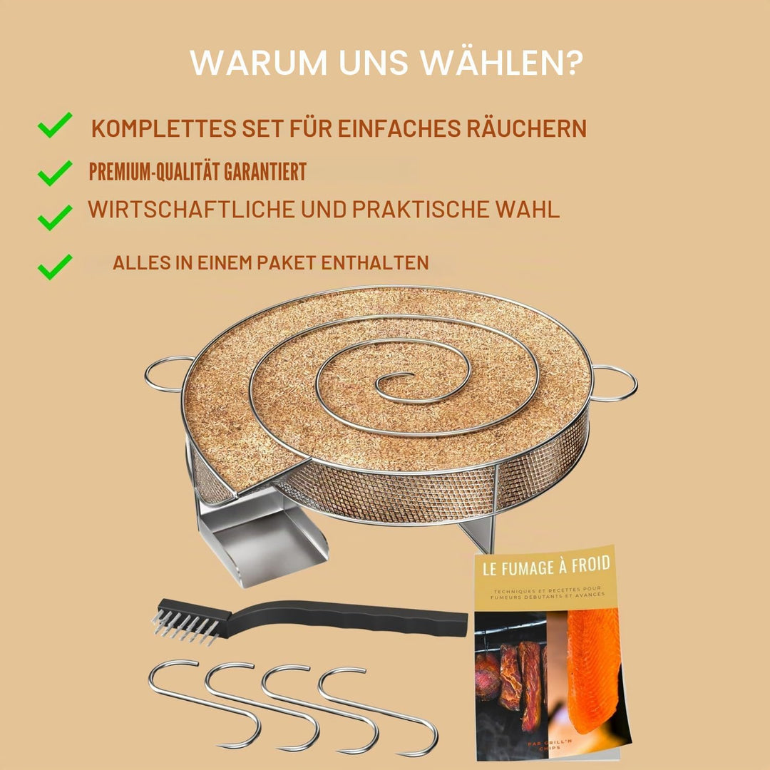 Kaltrauchgenerator/Räucherschnecke für Räucherofen Fleisch und Fisch + 4 Fleischerhaken und 1 Reinig