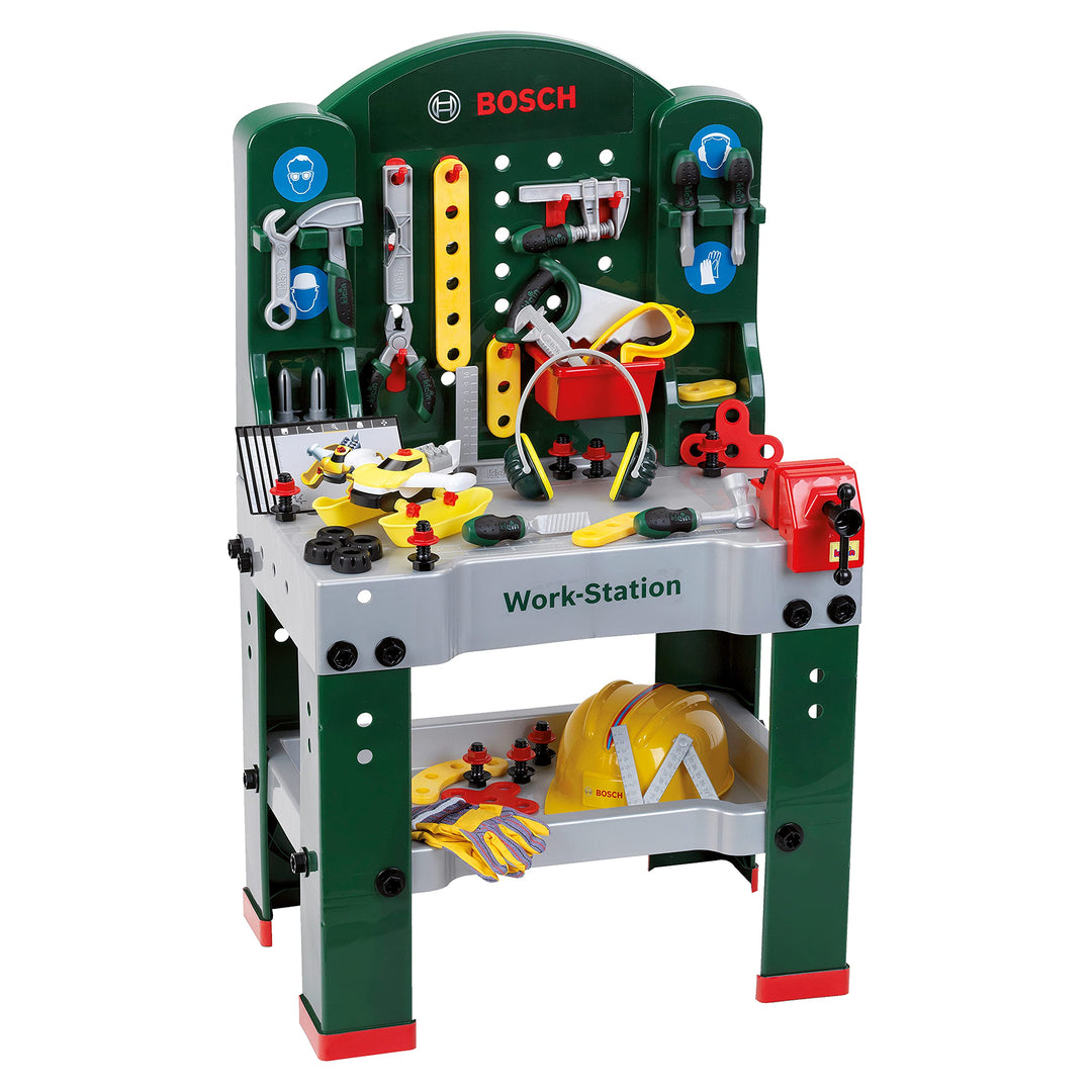 Theo Klein 8513 Bosch Workstation Werkbank mit Werkzeug, Montagefahrzeug und zahlreichem Zubehör Arb