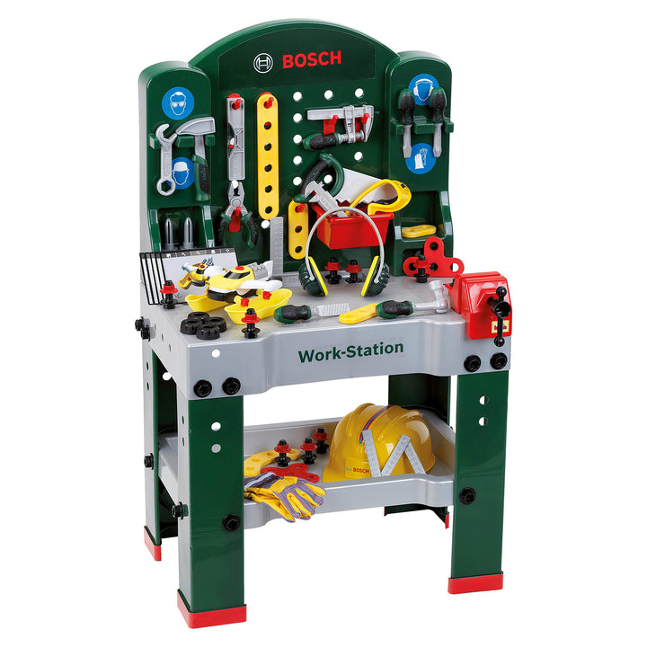 Theo Klein 8513 Bosch Workstation Werkbank mit Werkzeug, Montagefahrzeug und zahlreichem Zubehör Arb