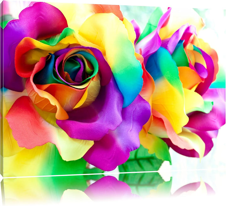 Kunterbunte Rosen Format: 100x70 auf Leinwand, XXL riesige Bilder fertig gerahmt mit Keilrahmen, Kun