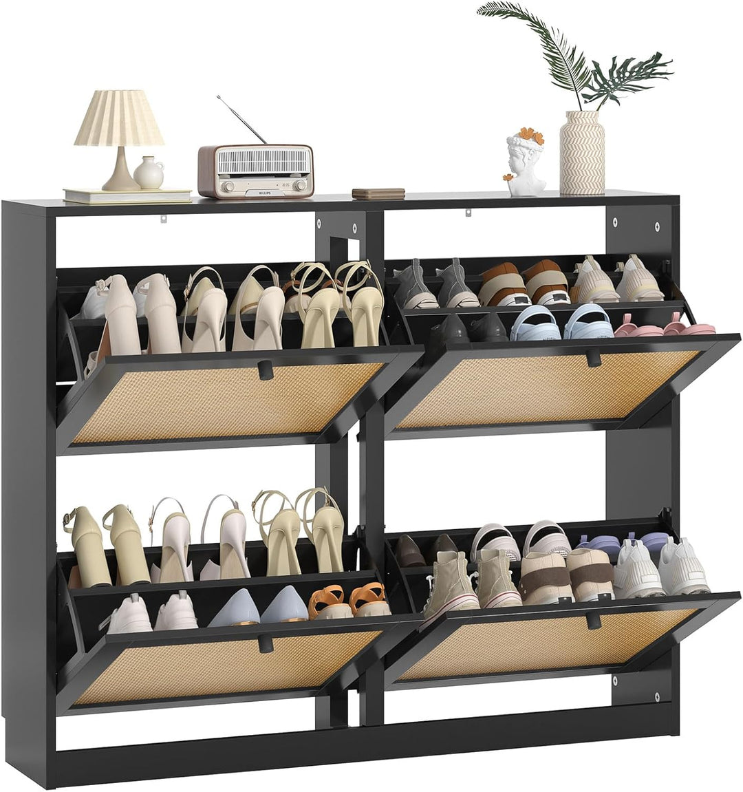 Rattan Schuhschrank mit 4 Klappen, Schuhkipper Schuhkommode mit Einstellbar Ablageflächen Schuhregal