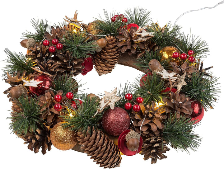 Idena 8585271 - LED Weihnachtskranz mit Lichter-Kette und 10 LED in Warmweiss, 6 Stunden Timer Funkt