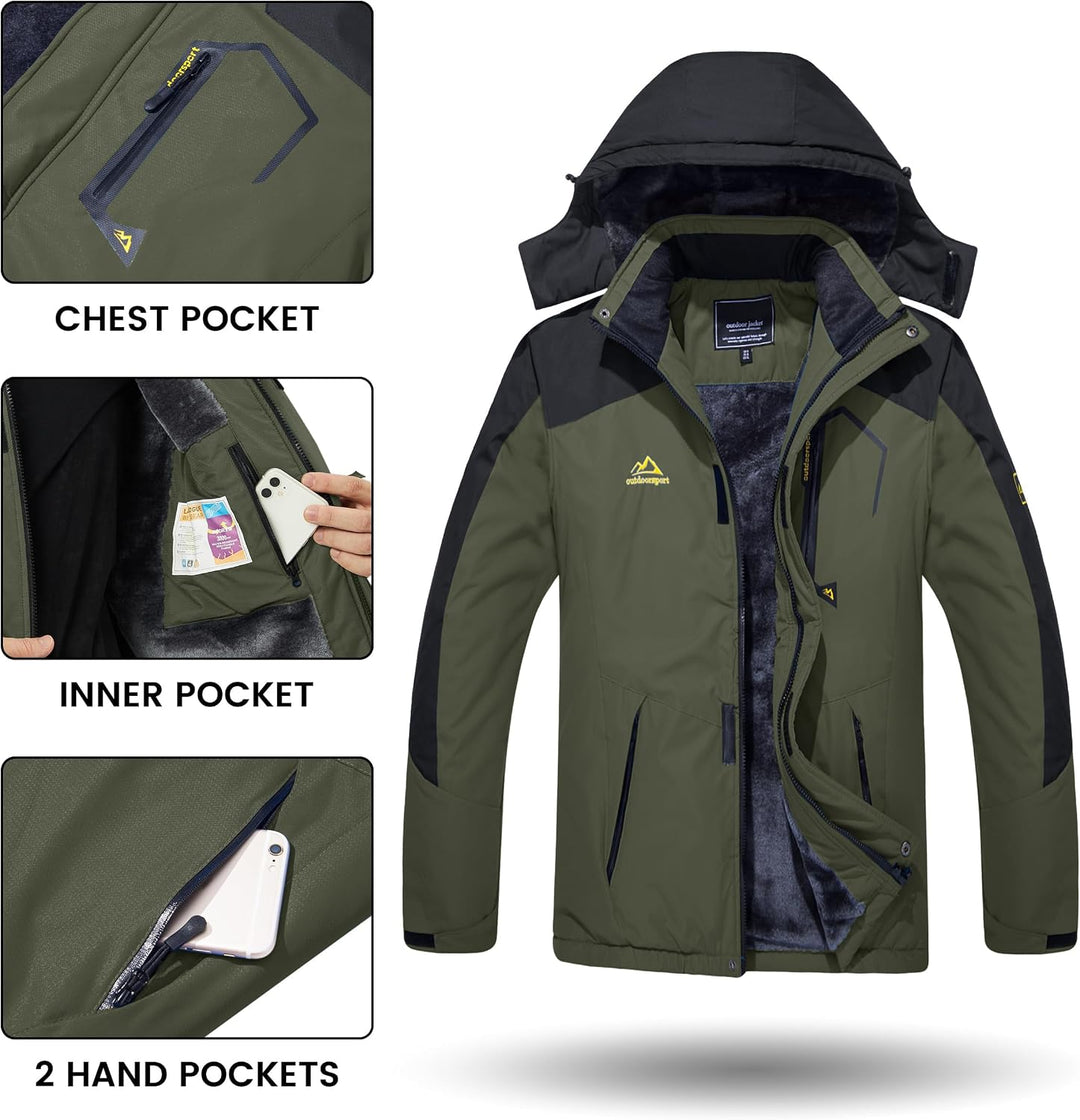 TACVASEN Herren Winter Wasserdichte Winddichte Winterjacke Warme Fleece-Futter Ski Regenmantel mit K