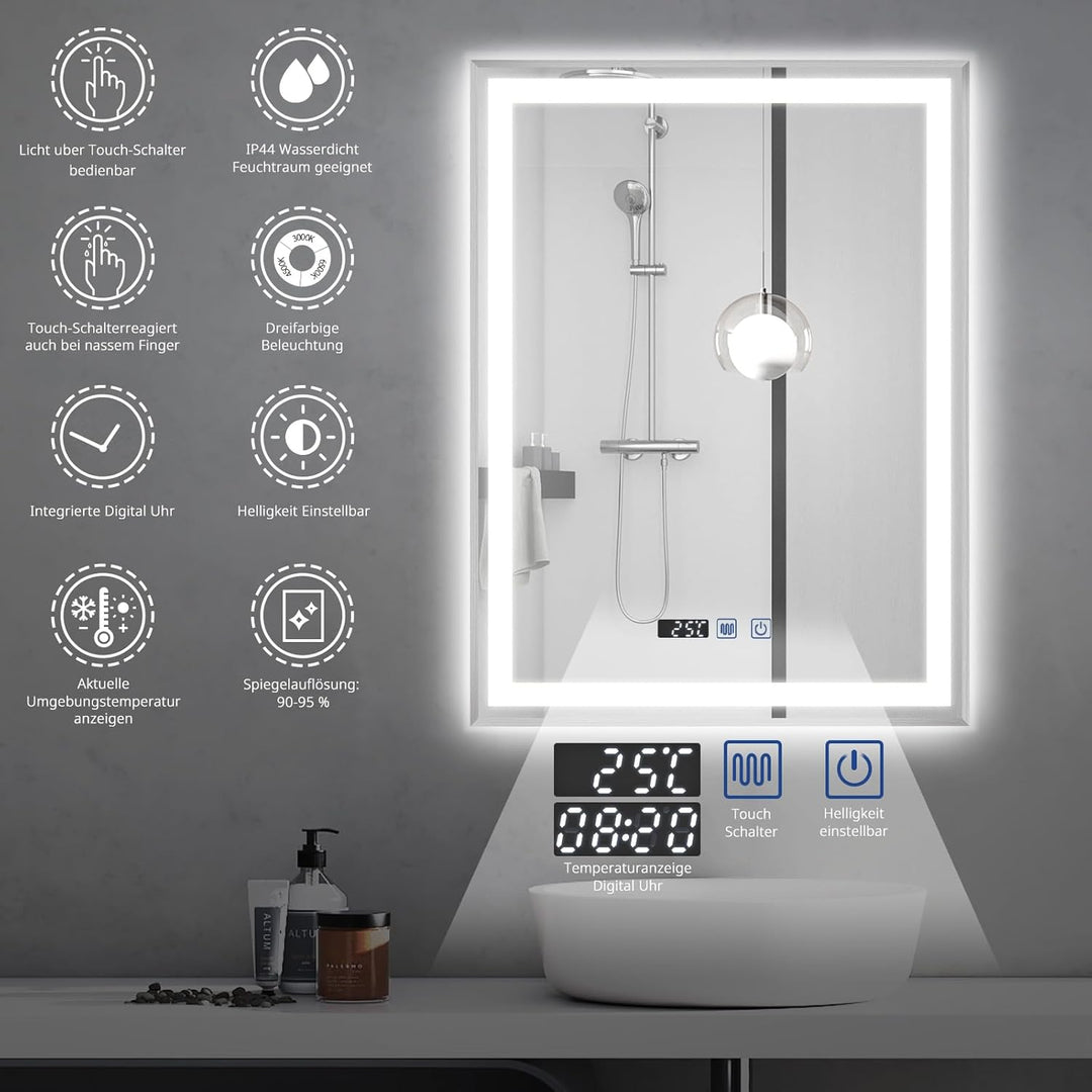 YOURLITE Badspiegel mit Beleuchtung 60x80cm, LED Spiegel Bad mit Uhr, 3 Lichtfarben Dimmbar, Badezim