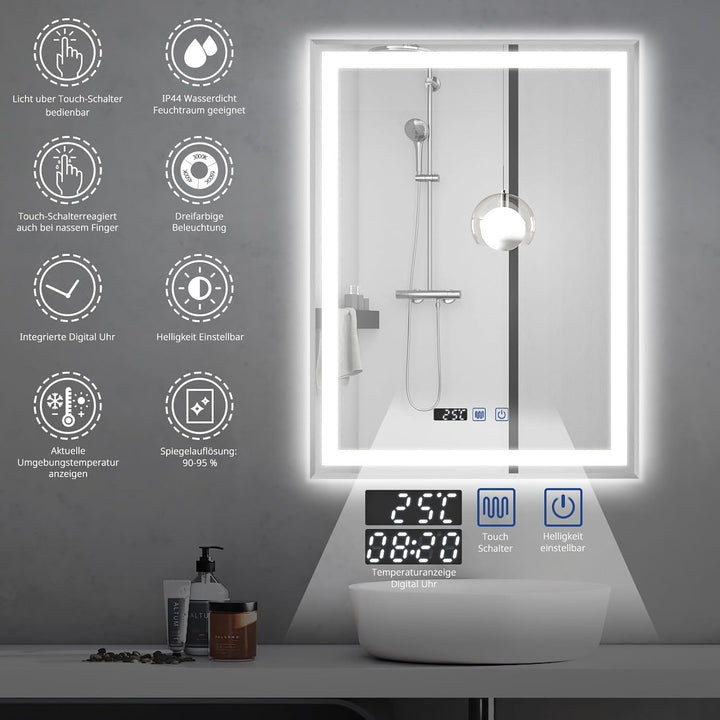 YOURLITE Badspiegel mit Beleuchtung 60x80cm, LED Spiegel Bad mit Uhr, 3 Lichtfarben Dimmbar, Badezim