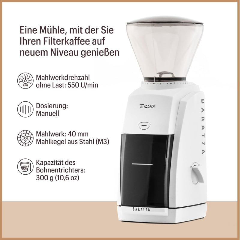 Baratza - Encore 230V Kaffeemühle - Elektrische Kaffeemühle mit Mahlwerk, Weiss, Weiss
