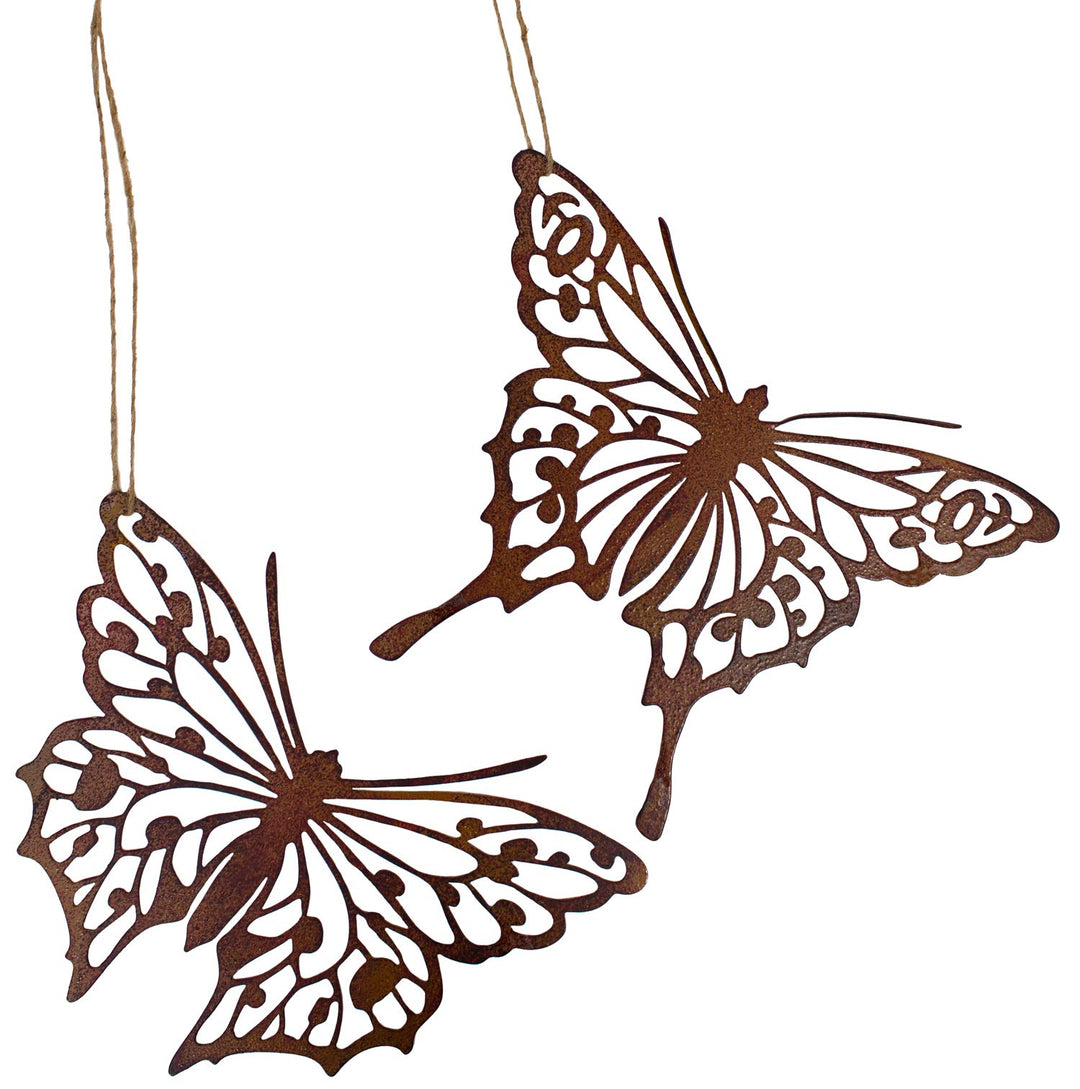 2 x Metall Schmetterling filigran zum Hängen Dekoration Rostfigur Tierfigur Gartendeko 2er Set Motiv
