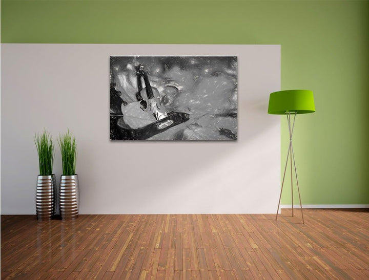 Pixxprint Violine umgeben von Blättern als Leinwandbild/Grösse: 100x70 / Wandbild/Kunstdruck/fertig