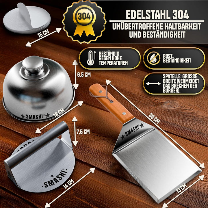 SMASHI® Smash Burger Set mit Holzgriffen – Grillzubehör aus Edelstahl 304 Burgerpresse, Spachteln &
