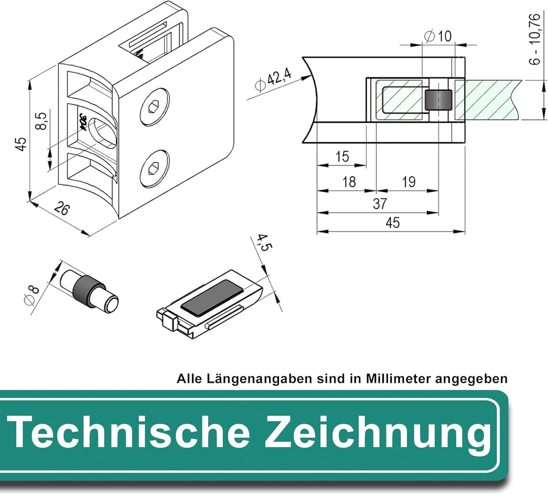 PRIOstahl Glashalter 4 Stück Glasklemmen Klemmhalter Glasplattenhalter mit Sicherungsplatte + Sicher