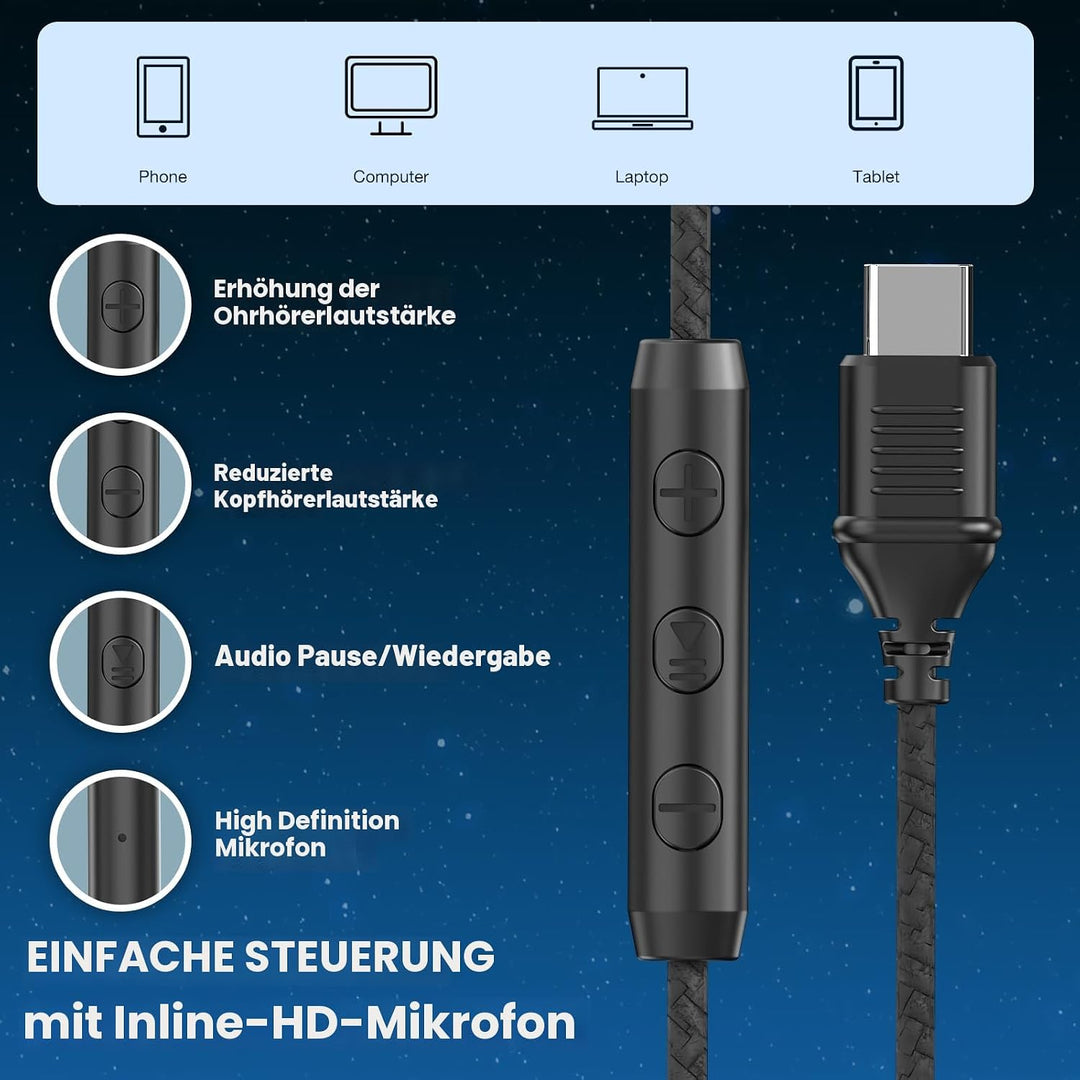 USB-C-Kopfhörer kabelgebunden, Over-Ear-Kopfhörer mit Mikrofon, Lautstärkeregler, HD-Stereo-Sound, f